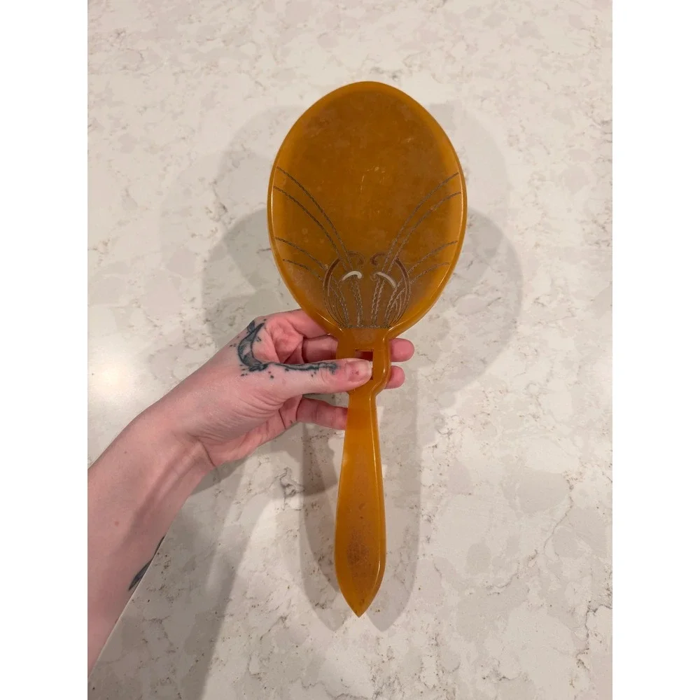 Vintage Art Deco MCM Butterscotch Celluloid Hand Mirror Etched Amber Vanity